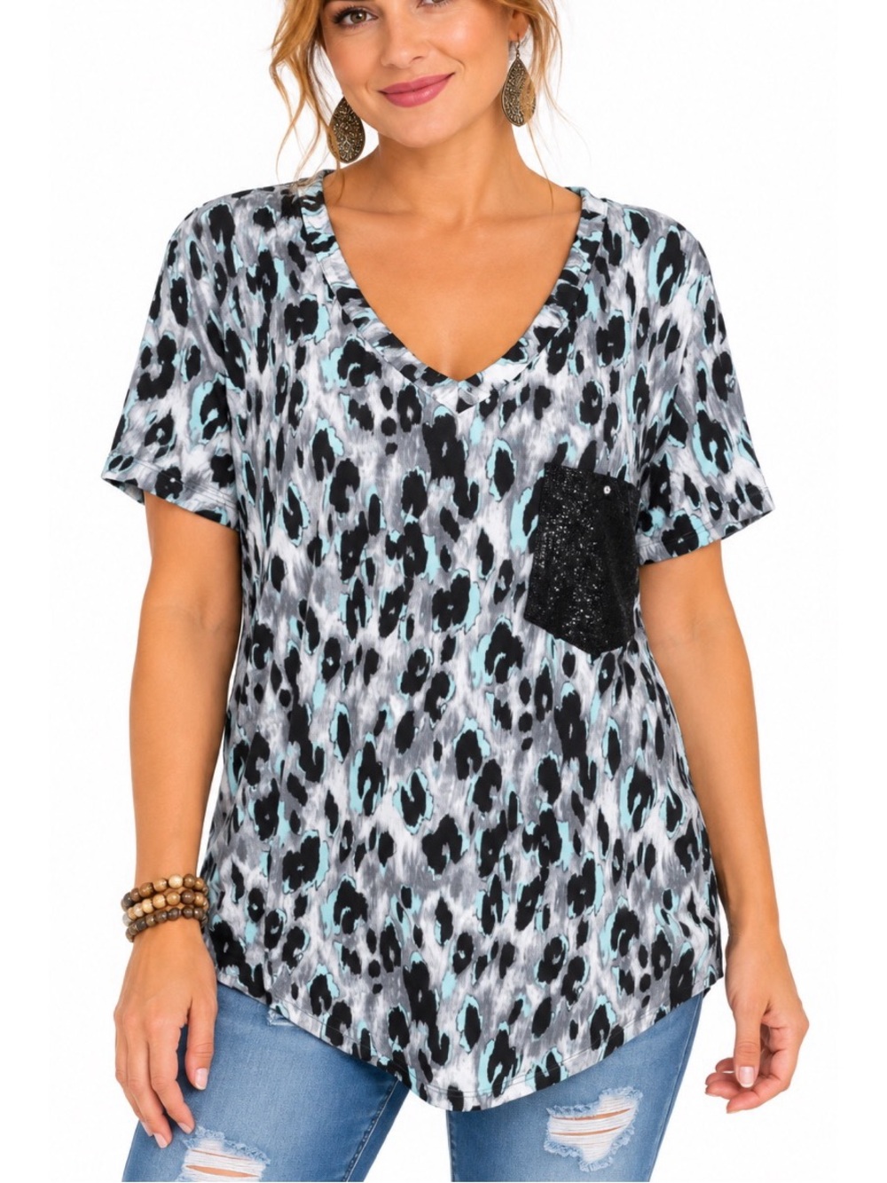 Heimish USA  blue/Gry Leopard Black Sequin Pocket Tee- Large